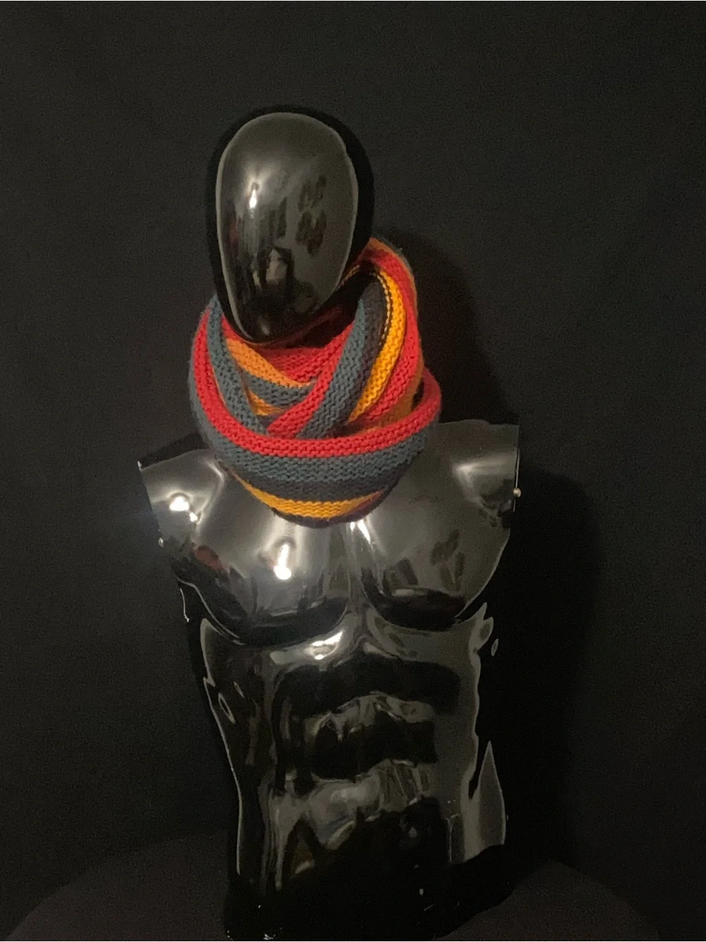 Striped Knit Infinity Scarf in Red, Mustard, Teal, and Blue